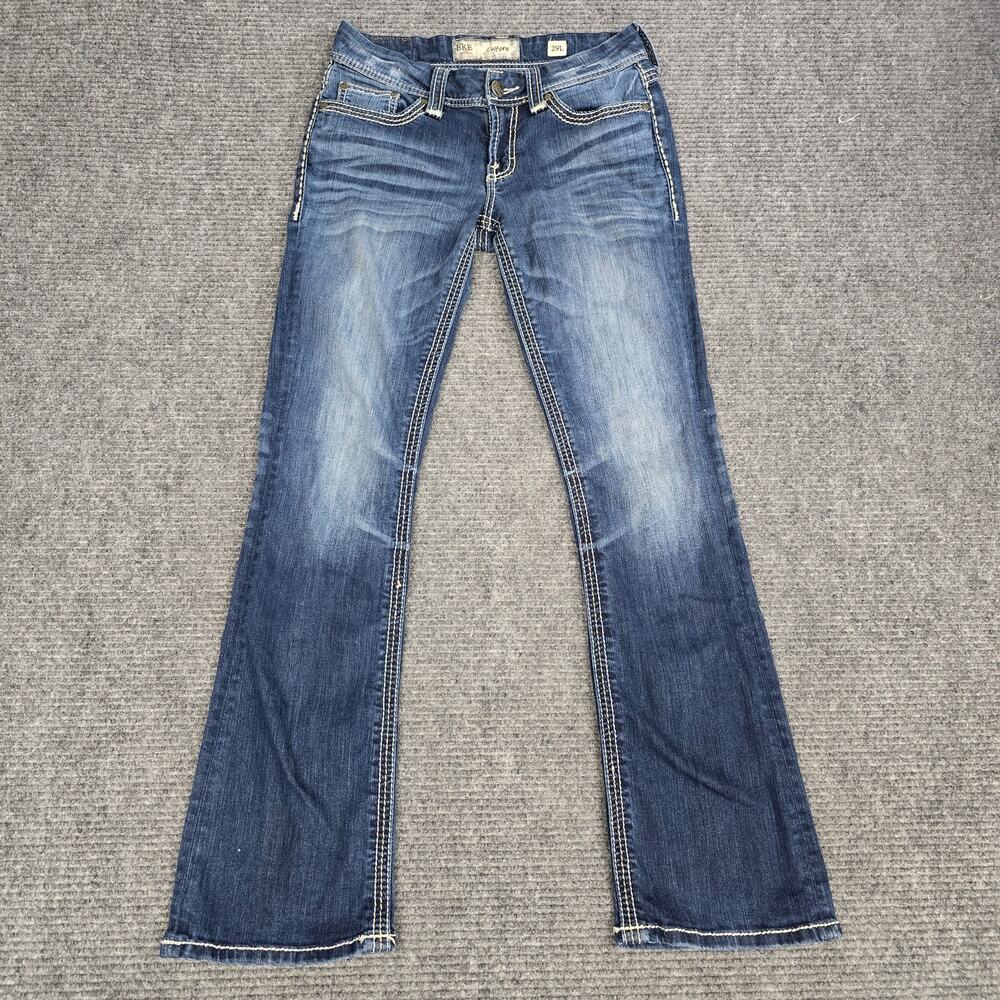 BKE Culture Jeans Womens 29L 29x33 Blue Bootcut Thick Stitch Stretch Buckle